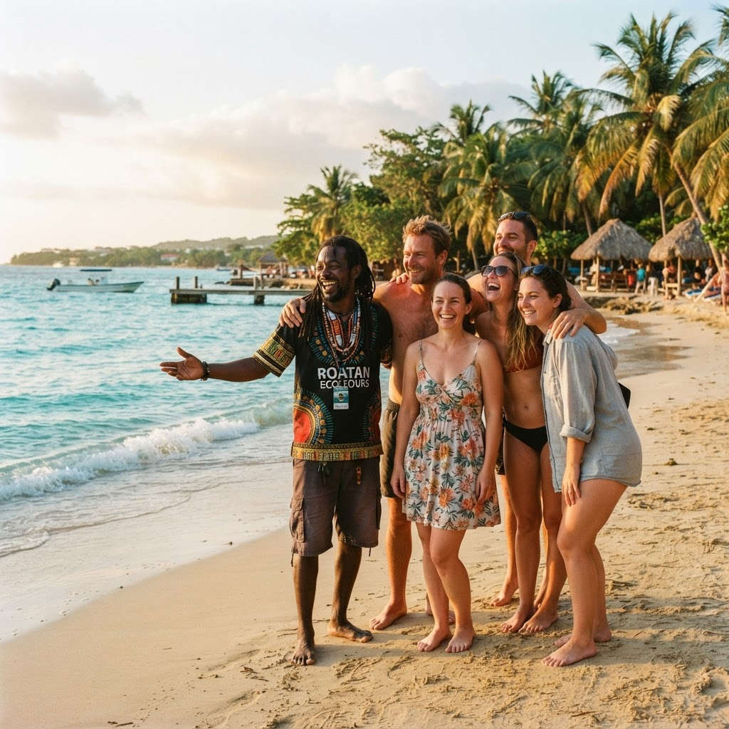 A local Isla Azul guide welcoming a group of tourists on a Roatan beach